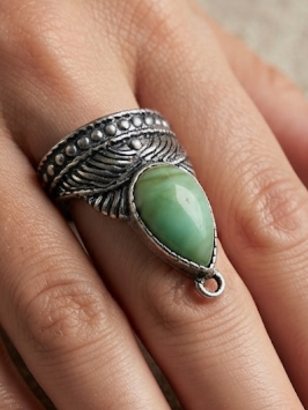 Silver-Tone Green Teardrop Statement Ring